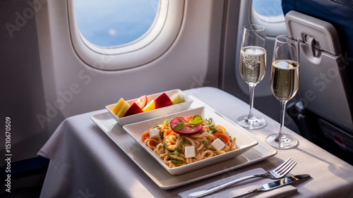 First Class Dining Experience Pasta Fruit and Champagne on an Airplane