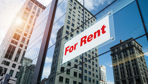 For rent sign displayed on modern office building downtown  