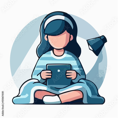 Girl sitting on the floor using tablet under a lamp at home  
