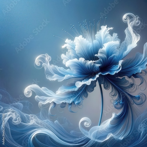 A fantastical flower blooms with intricate, swirling petals in shades of blue and white, creating an ethereal and dreamlike effect