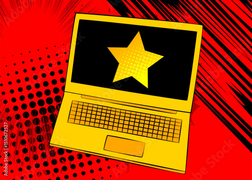 Cartoon Laptop, comic book Notebook with Star. Retro vector comics pop art design.