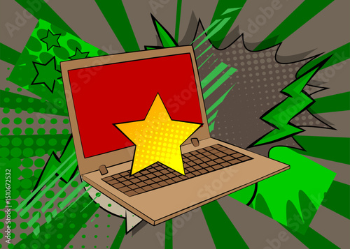Cartoon Laptop, comic book Notebook with Star. Retro vector comics pop art design.
