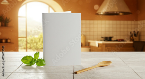 Blank Cookbook Mockup on Kitchen Table with Basil and Wooden Spoon