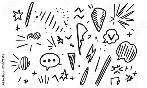Hand-Drawn Comic Elements Silhouette Set. Expressive Doodles For Creative Design Projects Isolated Vector Illustration Collection