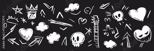 Doodle Elements With Skulls, Hearts, And Arrows Silhouette Set. Creative Expression And Emotions Isolated Vector Illustration Collection