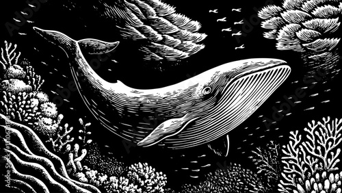 whale in under sea with corals illustration black and white hand drawn outline