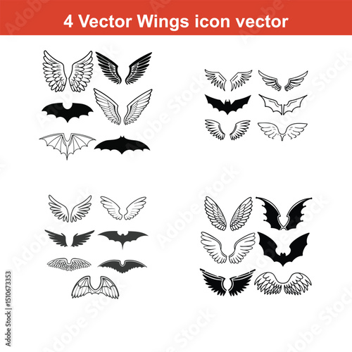 Wings icon vector set,Black wings silhouette vector set, the wings set is ideal for logo, emblem, badge design. Versatile for art, heraldry, animal symbolism