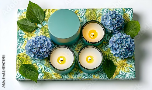 Teal candles on floral tray photo