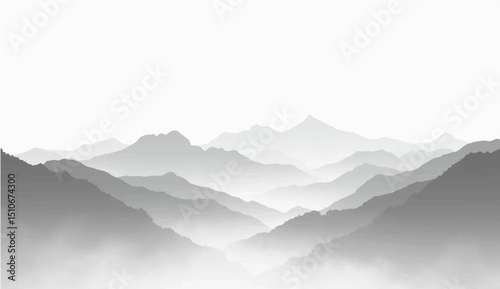 abstract a minimalist vector illustration of layered mountain ranges in grayscale. The design should feature soft gradients and overlapping silhouettes to convey depth, with the closest mountains 