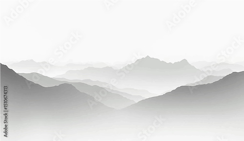 abstract a minimalist vector illustration of layered mountain ranges in grayscale. The design should feature soft gradients and overlapping silhouettes to convey depth, with the closest mountains 