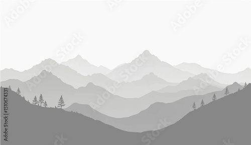 abstract a minimalist vector illustration of layered mountain ranges in grayscale. The design should feature soft gradients and overlapping silhouettes to convey depth, with the closest mountains 