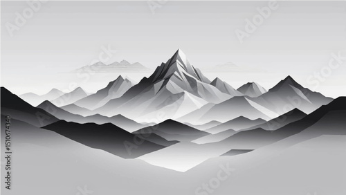 abstract a minimalist vector illustration of layered mountain ranges in grayscale.
