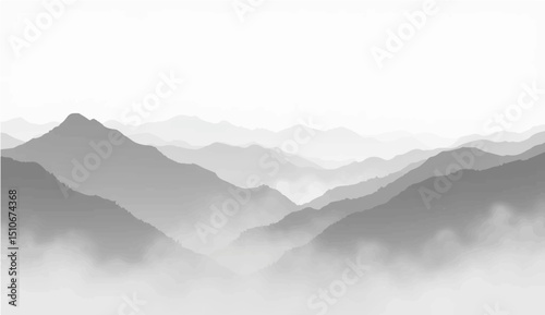 abstract a minimalist vector illustration of layered mountain ranges in grayscale. The design should feature soft gradients and overlapping silhouettes to convey depth, with the closest mountains 