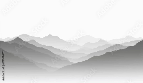 abstract a minimalist vector illustration of layered mountain ranges in grayscale. The design should feature soft gradients and overlapping silhouettes to convey depth, with the closest mountains 