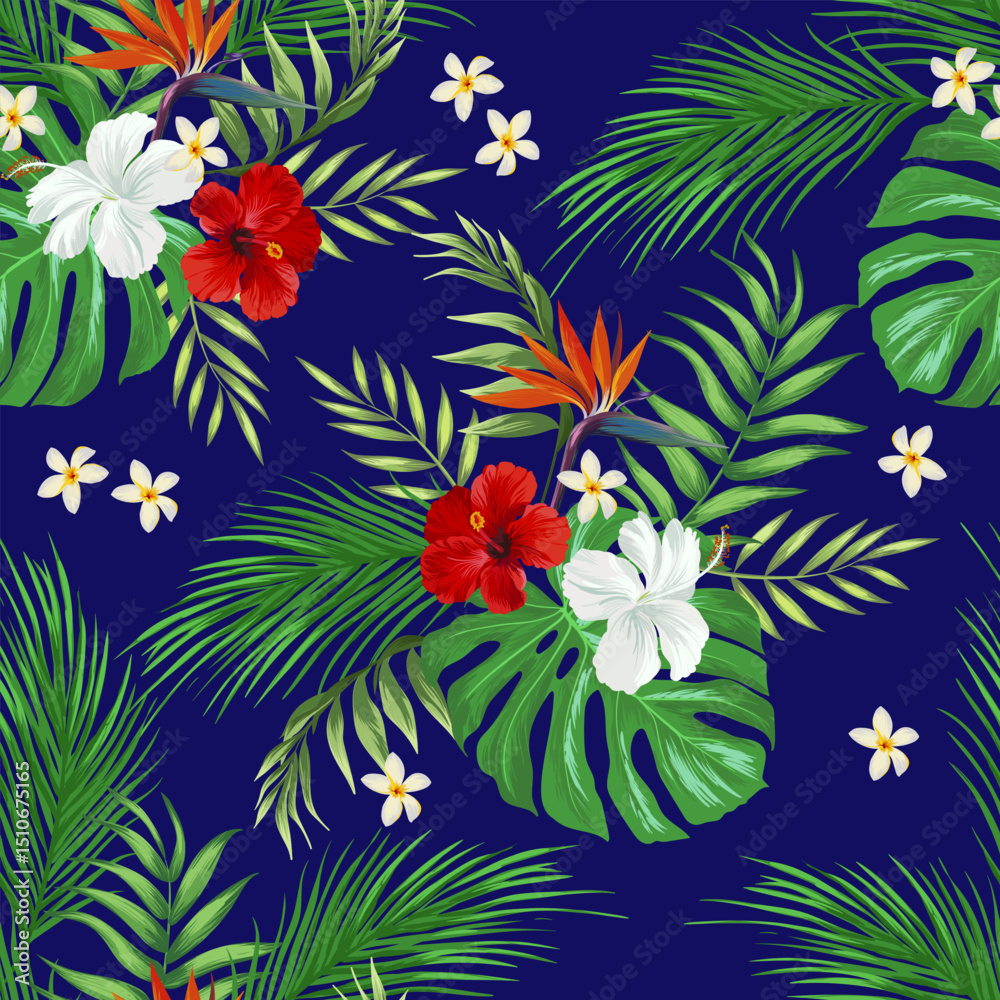 Obraz premium Summer vector pattern in tropical style. Seamless botanical print for textile, print, fabric. Floral background. Jungle illustration 