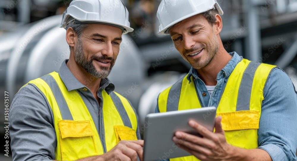 Obraz premium Two engineers wearing yellow safety vests and white helmets, standing in front of a large circular steel tank in a factory hall.