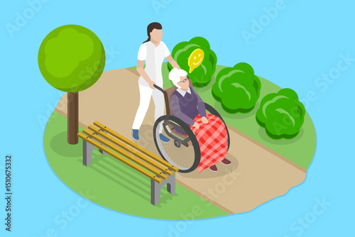 3D Isometric Flat Vector Illustration of Elderly Care, Caring For Disabled Elderly Individuals