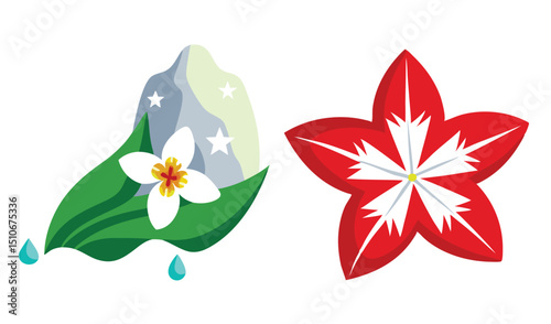 Stylized white and red flowers with mountain illustration
