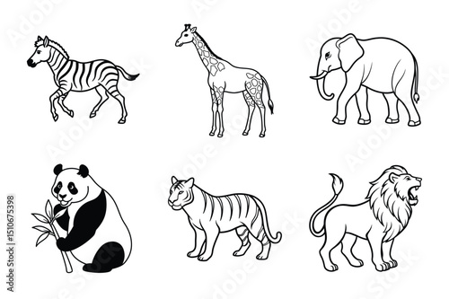 Set of wild and farm animal silhouettes including horses and other mammals