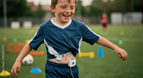Smiling young boy with insulin pump clipped to waistband plays soccer in blue uniform