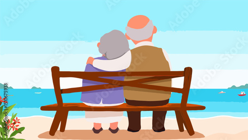 Romantic elderly couple sitting on beach bench