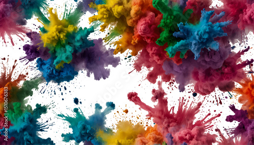"Modern bright colorful watercolor splash splatter stain brush strokes on white background, vibrant aquarelle spot. Rainbow trendy isolated design on white. Element. Vector watercolor illustration"