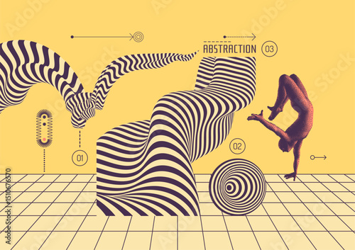 Model of the virtual space being created with the figure of a man doing a stand on one arm. Gymnast. 3D modelling of the human body. Optical art. Cover design template. Vector for brochure or poster.