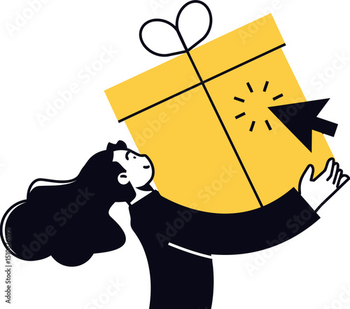 Gift present box delivery woman holding surprise package cursor click online shopping yellow illustration vector art illustration