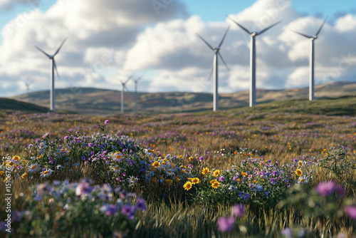 Wildflowers blooming beneath towering wind turbines in an open meadow