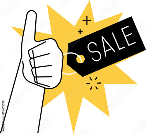 Sale promotion discount offer thumbs up approval marketing retail shopping commerce price reduction bargain deal 100 vector art illustration