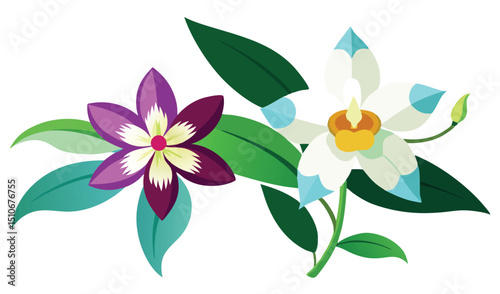 Vibrant purple and white flowers with lush green leaves