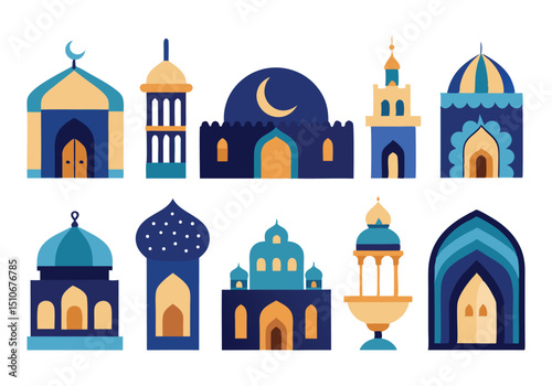 Islamic Architecture Icons Mosque, Minaret, Dome Illustrations