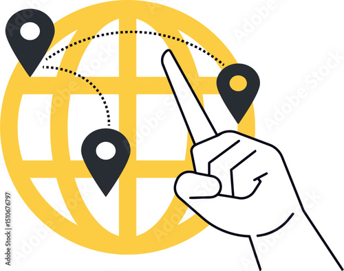 Global map location pin pointer hand finger direction navigation world gps destination travel route mark 100 vector art illustration