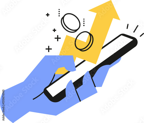 Mobile phone growth arrow hand business success chart finance investment market progress upward direction stock vector art illustration