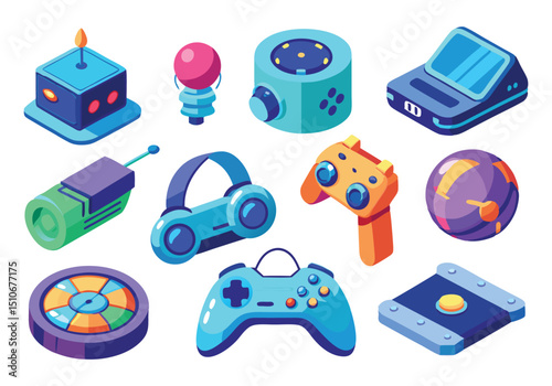 Isometric Gaming Gadgets and Accessories A Vibrant Collection of Digital Entertainment Devices