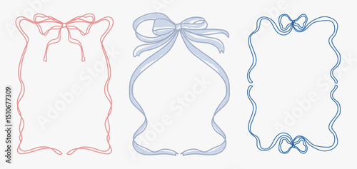 Set Of Whimsical Blue Red Colored Tender Ribbon Frames Bow For Wedding Birthday  Invitations Bridal Baby Shower Retro Vintage Printable Vector Design