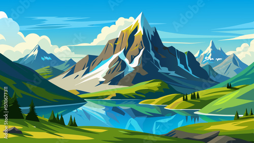 mountain landscape with lake and mountains
