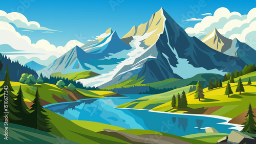 mountain landscape with lake and mountains
