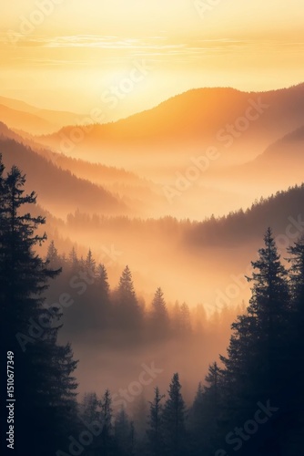 Sunrise Serenity in the Valley: Capturing the grandeur of a mountain range at dawn, with the peaks shrouded in mist and the golden sunlight gently illuminating the scene.