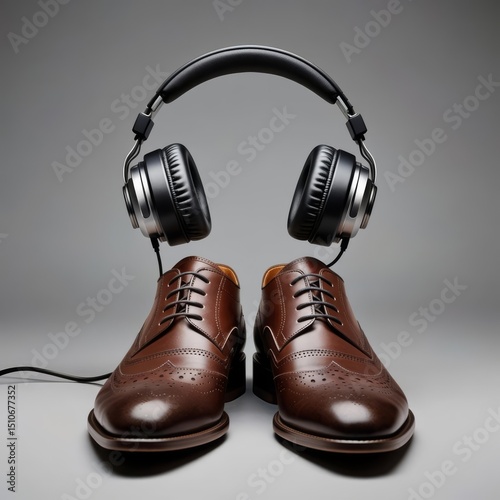 Elegant Brown Leather Shoes with Modern Headphones 