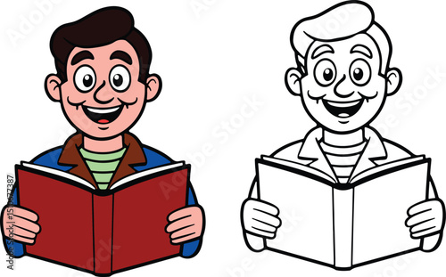 Smiling Boy Reading Book – Cartoon and Coloring Page Illustration for Kids