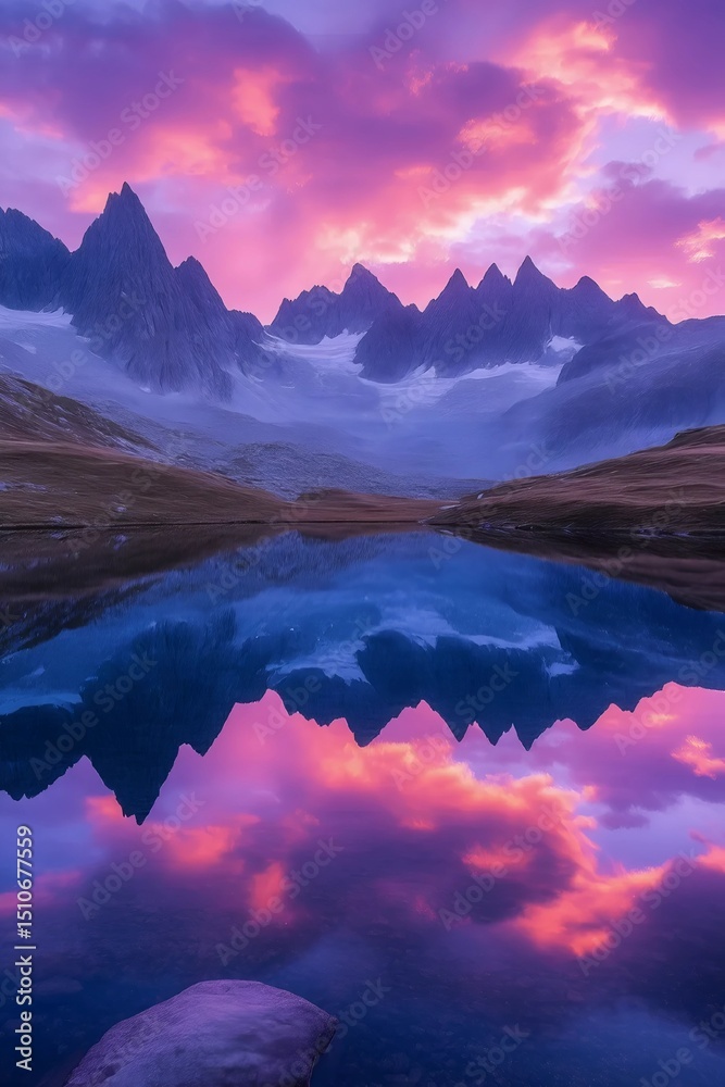 Obraz premium Mountain's Majesty: A stunning landscape of majestic mountain peaks reflects in a serene lake.