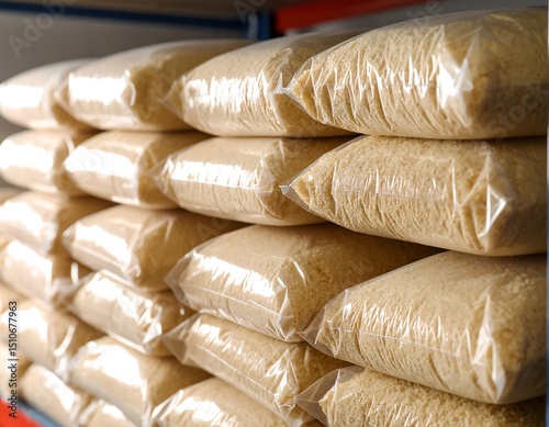 Stacked Bags of Grain in Warehouse Bulk Food Storage and Distribution