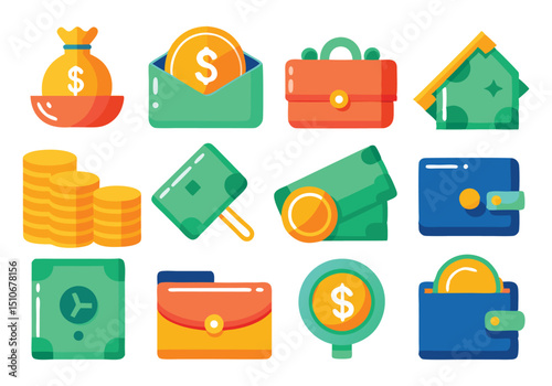 Financial Icons Money, Wealth, Investment, and Business Assets Illustrations