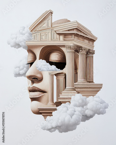 Surreal architectural and face composition with neoclassical elements and soft clouds