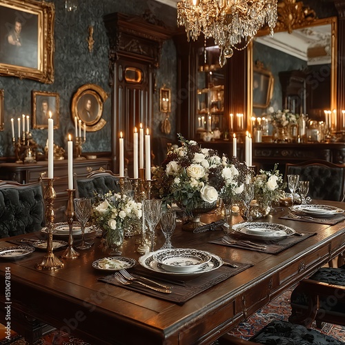 Historical Dining Hall With Lavish Table Setup high resolution image