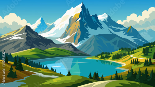 mountain landscape with lake and mountains