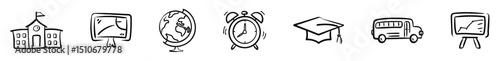 School Environment & Infrastructure Icons – Campus, Bus, Globe, Clock
