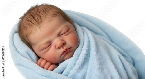 Realistic reborn baby sleeping wrapped in a soft blue blanket, serene expression and rosy cheeks