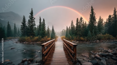 A rainbow framing a rustic wooden bridge in a forest, with rich greens and colorful sky creating a magical photography moment
